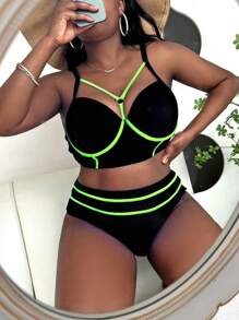 Slaydiva Plus Summer Beach Contrast Neon Trim Push Up Bikini Set - Black - View 3