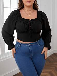 SHEIN Privé Plus Off Shoulder Flare Sleeve Knot Front Crop Blouse - Black - View 4
