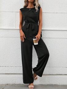 Chiquease Solid Belted Wide Leg Jumpsuit - Black - View 5