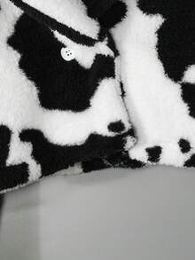 SHEIN Cô gái Tween Hình con bò Cổ áo Flannel Áo khoác - Đen và trắng - Xem 4