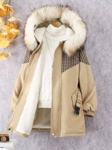 SHEIN Tween Girl 1pc Houndstooth Pattern Fuzzy Trim Hooded Buckle Belted Coat - Khaki - View 3