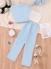 SHEIN Tween Girl Lapel Neck Vest Blazer & Pants & Ruched Crop Cami Top