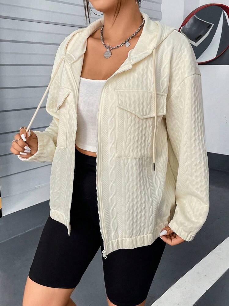 Flirla Talla grande Cazadora con bolsillo con solapa de hombros caídos con cordón con capucha - Beis - Añade 7