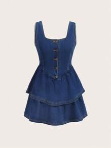 SHEIN MOD Vestido mezclilla con botón delantero bajo a capas - Azul - Ver 1