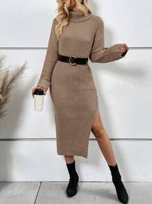 SHEIN Clasi Turtleneck Split Thigh Drop Shoulder Sweater Dress Without Belt - Camel - View 1