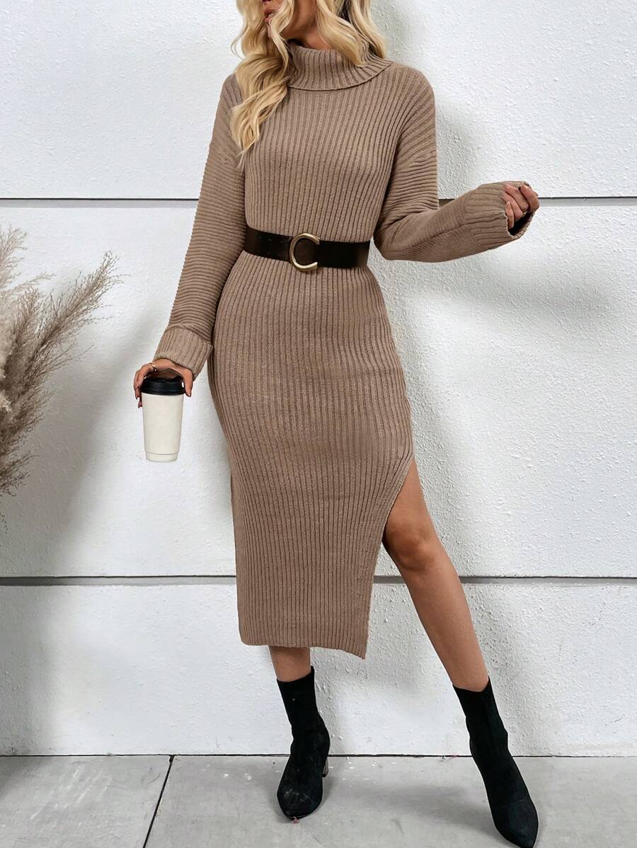 SHEIN Clasi Turtleneck Split Thigh Drop Shoulder Sweater Dress Without Belt - Camel - View 1