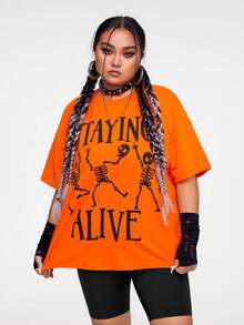 Sophie Gallo Design Plus Skull & Slogan Graphic Drop Shoulder Tee - Orange - View 3