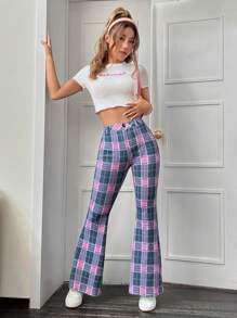SHEIN Qutie Plaid Print Flare Leg Pants - Multicolor - View 5