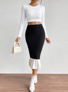 SHEIN Essnce Khối màu Nàng tiên cá Hem Váy dệt kim - màu đen - Xem 1