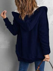 CILKOO 麻花編織前紐扣保暖連帽開襟衫 - 藏蓝色 - 查看 3
