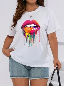 SHEIN EZwear Plus Lip Print Tee - White - View 4