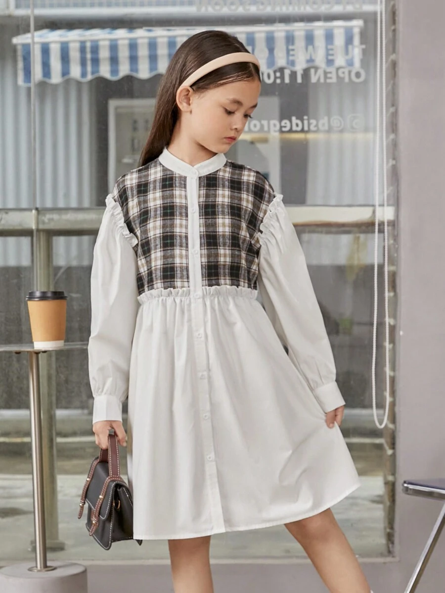 SHEIN Tween Girl Plaid Print Frill Trim Button Front Shirt Dress - Multicolor - View 1