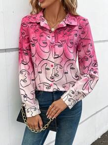 SHEIN LUNE Đồ họa Hình Nút phía trước Áo sơ mi - Hồng - Xem 4