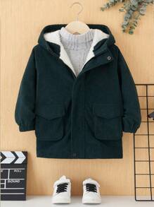 SHEIN 男小童翻蓋口袋毛絨內襯連帽外套 - 軍綠色 - 查看 4