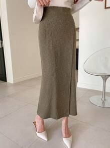 DAZY Solid High Waist Wrap Hem Skirt,Pencil Skirt - Olive Green - View 2