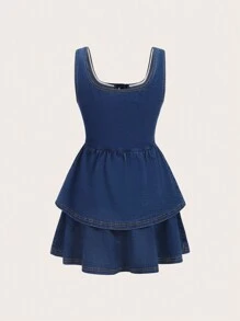 SHEIN MOD Vestido mezclilla con botón delantero bajo a capas - Azul - Ver 2