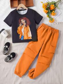 SHEIN 女大童人像圖案T恤和運動褲 - 橘色 - 查看 5