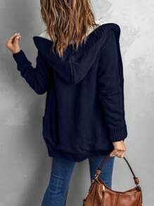 CILKOO 麻花編織前紐扣保暖連帽開襟衫 - 藏蓝色 - 查看 6