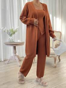 Chiquease Solid Tube Knit Top & Knit Pants & Drop Shoulder Cardigan - Coffee Brown - View 4