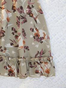 SHEIN VCAY Vestido con estampado floral bajo fruncido de manga farol - Multicolor - Ver 4