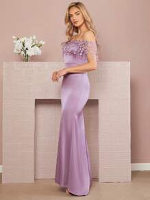 SHEIN Belle Váy lệch vai đính chi tiết Váy cô dâu viền nàng tiên cá - Màu tím hoa cà - Xem 6