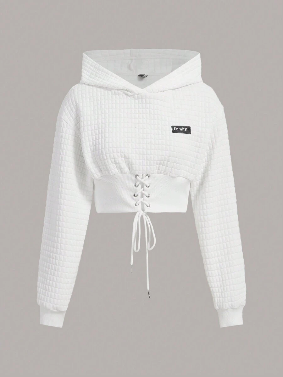 SHEIN EZwear 夏季服装标语贴花前开襟落肩短款连帽衫，秋冬长袖上衣