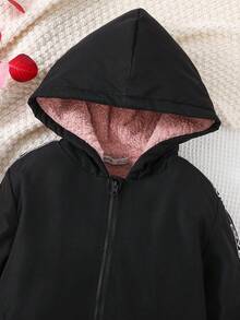 SHEIN Tween Girl Letter Tape Side Hooded Thermal Lined Jacket - Black - View 7