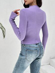 SHEIN Privé 素色條紋針織套頭毛衣 - 紫色 - 查看 2
