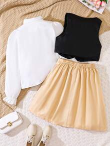 青少年女孩荷葉袖襯衫和背心和半身裙