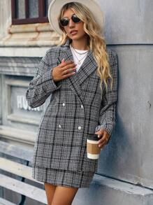 SHEIN Clasi Rock & Blazer Plaid doppelten Knopfleisten, - Schwarz und Weiss - Übersicht 5