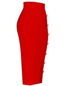 Girsdy Red Elegant Business Minimalist Women's Single-Breasted Design Solid Color Button Decor Slimming High Waist Elastic Bodycon Pencil Skirt, Commute & Casual Skirt - Red - View 3