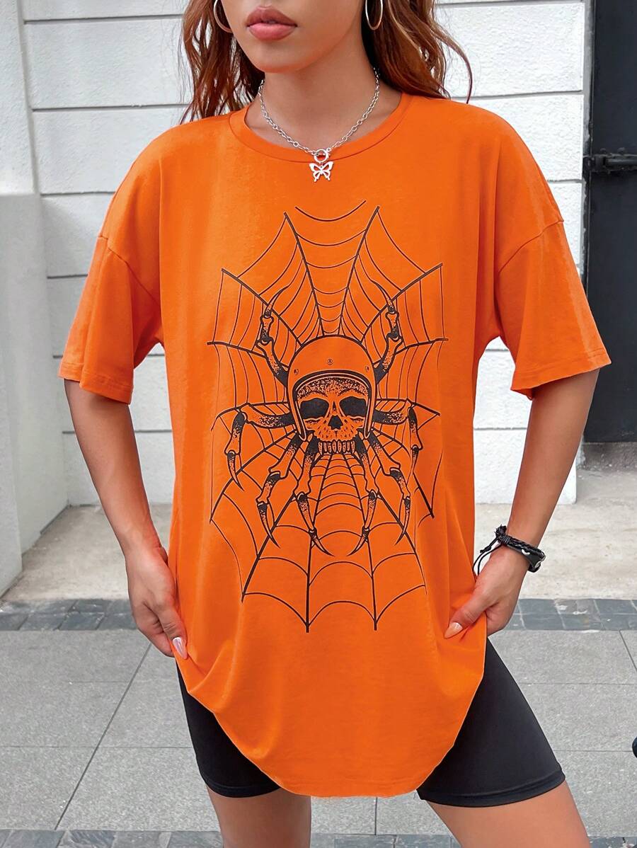 Rengka 艺术家骷髅印花落肩图案 T 恤，适合假期、度假、节日 - 橘色 - 查看 1