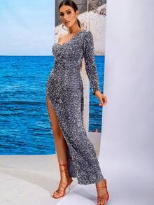 LOVE&LEMONADE One Shoulder Split Thigh Sequin Party Dress - Grey - View 4