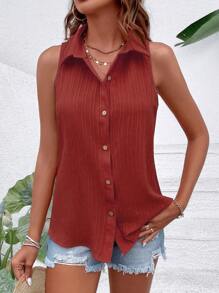 SHEIN LUNE Solid Button Front Sleeveless Shirt - Rust Brown - View 5