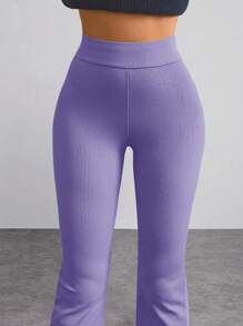 EURMUSE Solid Flare Leg Pants - Violet Purple - View 3
