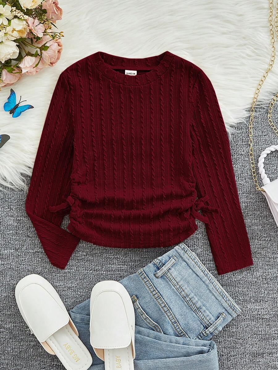 SHEIN Chica preadolescente Camiseta unicolor fruncido lateral - Burdeos - Ver 1