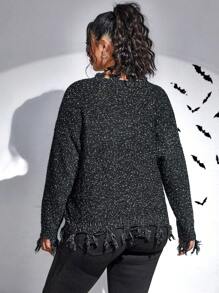 Flirla Plus Halloween Drop Shoulder Distressed Sweater Knit Pullover Fall Winter Outfit - Black - View 2
