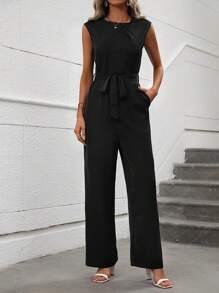 Chiquease Solid Belted Wide Leg Jumpsuit - Black - View 4