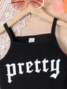 SHEIN Tween Girl Letter Graphic Cami Top & Mesh Overlay Skirt - Black - View 5