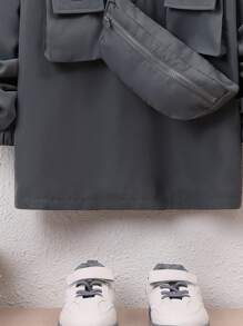 SHEIN Tween Boy Flap Pocket Hooded Coat & Bag - Grey - View 5