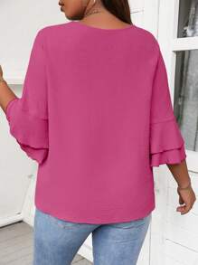 Celure Plus Solid Flare Sleeve V Neck Blouse - Hot Pink - View 2