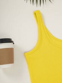 INAWLY Solid Scoop Neck Tank Top - Yellow - View 7