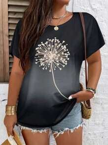 SHEIN LUNE Plus Dandelion Print Batwing Sleeve Tee - Dark Grey - View 1