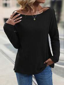 SHEIN LUNE Camiseta de hombros caídos unicolor - Negro - Ver 3