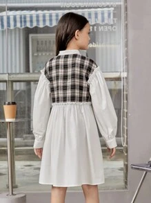 SHEIN Tween Girl Plaid Print Frill Trim Button Front Shirt Dress - Multicolor - View 2