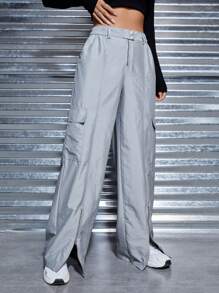 SHEIN EZwear Pantalones De Carga Con Bolsillo De Solapa Y Raja En El Dobladillo - Gris Claro - Ver 4