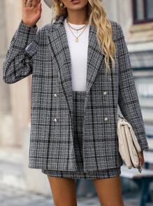 SHEIN Clasi Rock & Blazer Plaid doppelten Knopfleisten, - Schwarz und Weiss - Übersicht 4