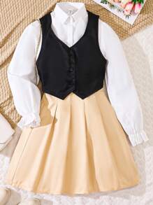 青少年女孩荷葉袖襯衫和背心和半身裙