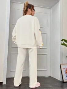 SHEIN EZwear Áo nỉ hở vai họa tiết chữ và quần nỉ - Màu be - Xem 2