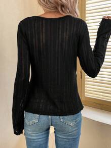 SHEIN LUNE 缺口領下擺開叉T恤 - 黑色 - 查看 2